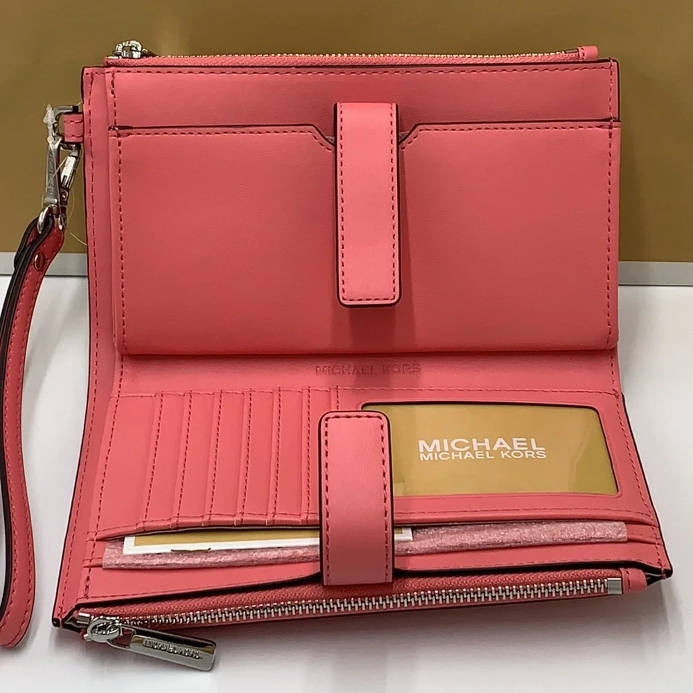 MICHAEL KORS JET SET TRAVEL LARGE DOUBLE ZIP WRISTLET WALLET TEA ROSE COLOR